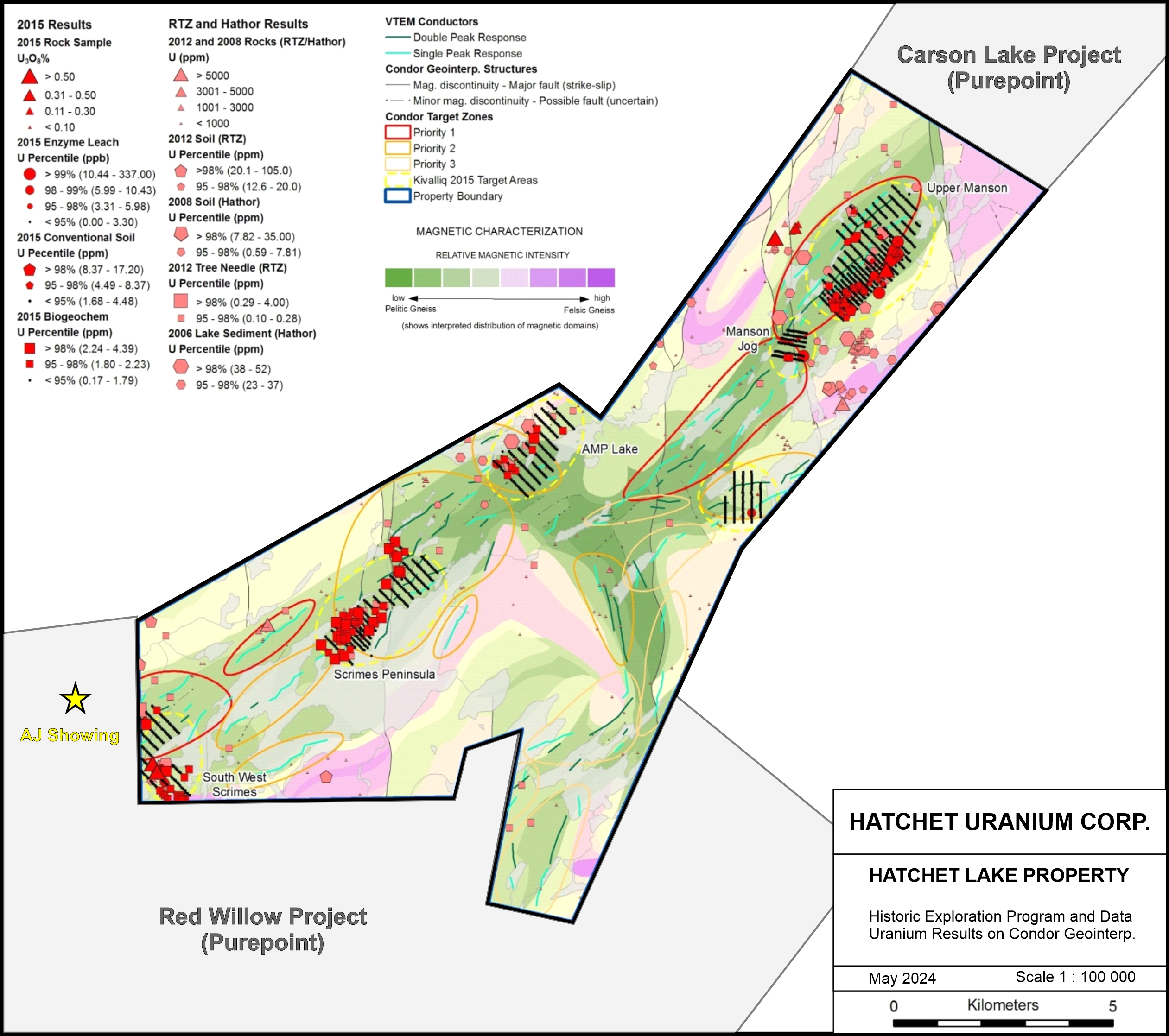 Figure 1 - Hatchet Lake Project Property Map and Historic Exploration Results