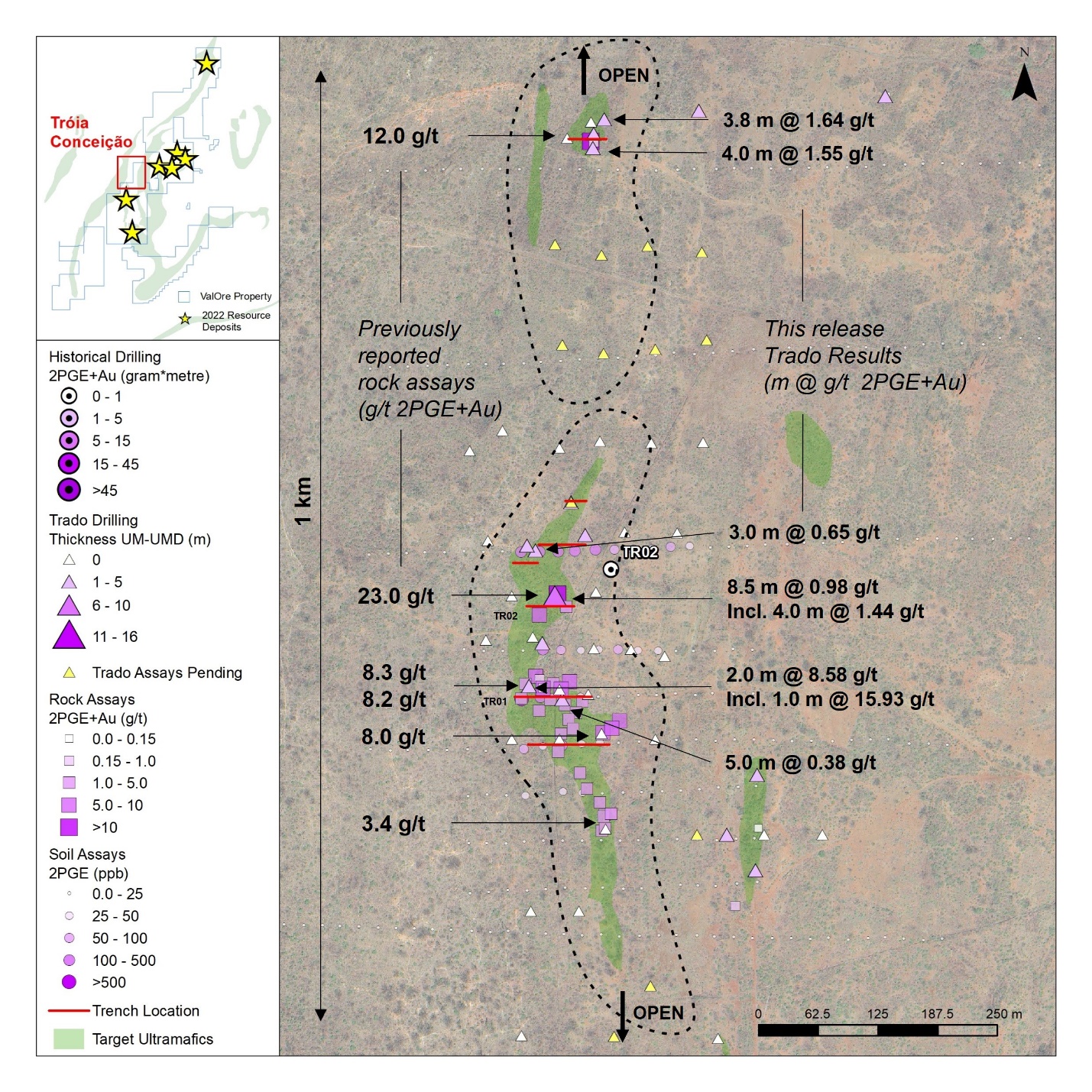 Tróia target plan map with high-grade Trado® and rock samples highlighted